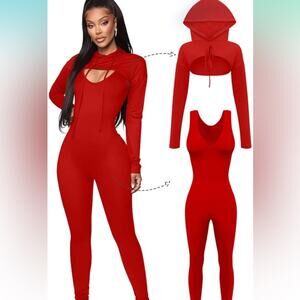 LAGSHIAN 2 Piece Long Sleeve Hooded Crop Top Sleeveless Tank Jumpsuit L NWOT